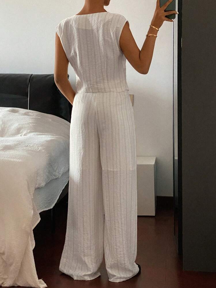 2pcs/Set Women Casual V-Neck Sleeveless Top And Wide Leg Pants, Summer