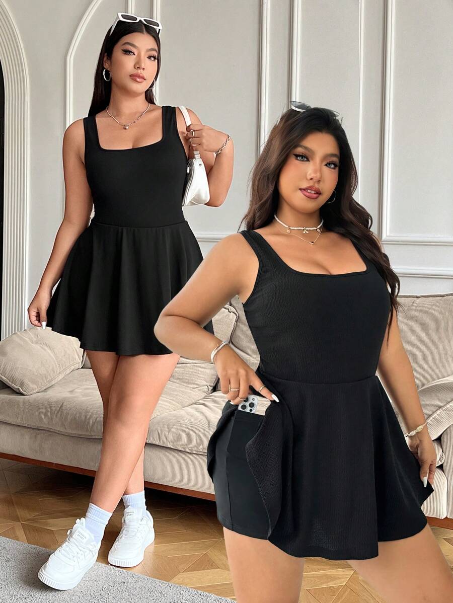 SHEIN EZwear 2 件装加大码女式夏季休闲纯色方领抽绳腰连体裤 - 黑色 - 查看 1