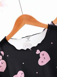 Set de 2 piezas de pijamas con Camisón largo de manga corta y cuello redondo, con diseño cómodo de lunares y corazones, para niñas jóvenes