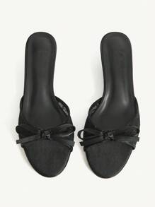 CUCCOO CHICEST 女士夏季新品蝴蝶结圆头小猫跟优雅甜美浪漫黑色缎面网眼拼接凉鞋拖鞋凉鞋，适合下午茶、约会、优雅装扮、度假 - 黑色 - 查看 3