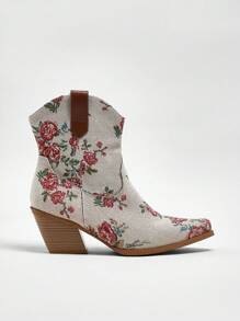 Solezae Women's Rose Floral Embroidered Stacked Heel Snip Toe Western Boots-Sweet-Edge Style For Music Fest To Urban Rodeo Mother's Day Present - Multicolor - View 2