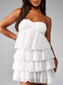 MISSGUIDED Tiered Ruffle Mini Dress Strapless Empire Waist Summer Party Wedding Guest Sweetheart Neckline