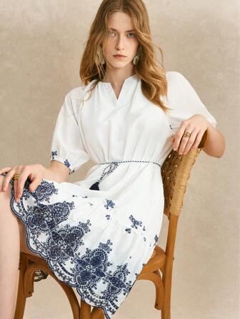 Écloséra 女士优雅复古V领泡泡袖系带收腰定位夏季女装夏季刺绣名媛夏装度假装