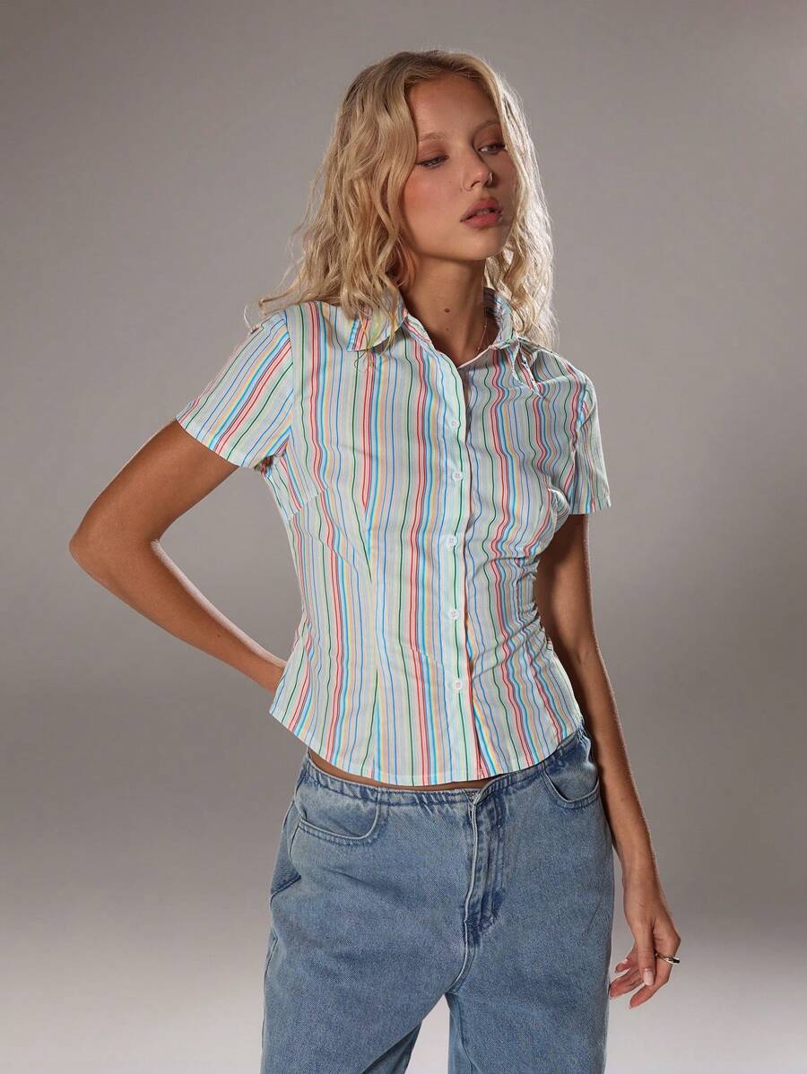 TRNVIE 女士粉色条纹收腰休闲优雅短袖衬衫 - 彩色 - 查看 1