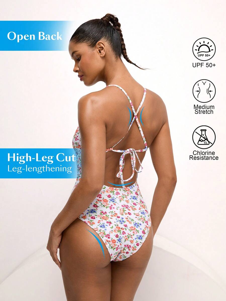 Swim Nautrix 1 Stück Sommer Neckholder Rückenfrei Kreuz Sexy bedruckter Einteiler Badeanzug