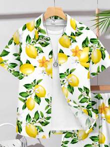 SHEIN Ensemble de 2 pièces pour pré-adolescents : Chemise cardigan à col imprimé citron et shorts décontractés, adapté pour l'été