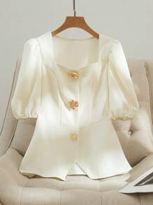 Modelyn Women's Elegant Solid Color Lantern Sleeve Blouse, Summer - Beige - View 1