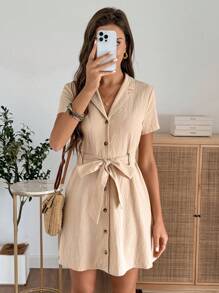 EMERY ROSE Váy cài nút phía trước màu trơn thường ngày cho nữ, phong cách nghỉ dưỡng - Màu Khaki - Xem 7