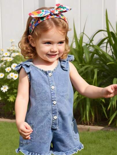 SHEIN Playful Pals 1 件套休闲可爱舒适棉质牛仔无袖连体裤，带蝴蝶结，适合女婴，蓝色