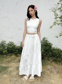 SHEIN Teen Girls Casual Comfy Round Neck Tank Top & Cake Skirt 2Pcs Outfit Set