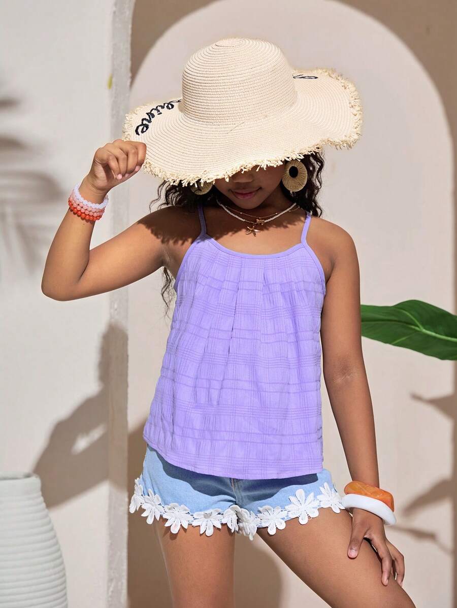 SHEIN 青少年女孩休闲度假梭织纹理纯色宽松吊带背心 - 淡紫色 - 查看 1