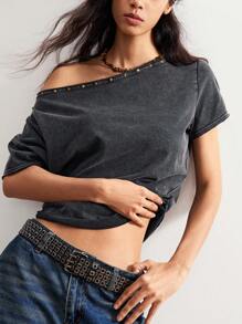 Bohemela Casual Solid Color Knit Asymmetrical Neck Loose T-Shirt For Women