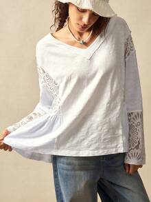 Bohemela 休闲纯色针织蕾丝花边V领落肩长袖女式上衣 - 白色 - 查看 5