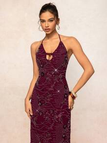 Lumalex Elegant Beaded & Sequined Halter Backless Straight Hollow-Out Long Dress, Red Dress, Birthday,Night Out,New Year Party - Red Violet - View 6