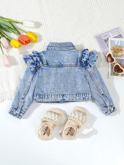 SHEIN Playful Pals Baby/Baby GirlNew Double Ruffle Retro Fashion Denim Short Jacket, Baby Jean Jacket, Girls Ruffle Denim Jacket,Tops Fall Winter