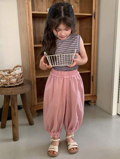 DAZY 2Pcs/Set Young Girls Round Neck Sleeveless Striped T-Shirt + Wide Leg Culottes, Outfit,Girls Summer Outfits