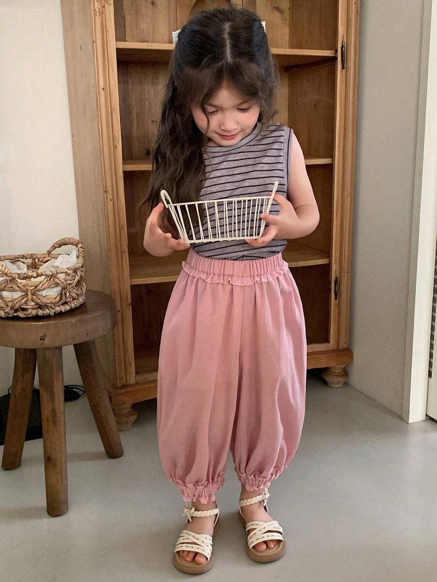 DAZY 2Pcs/Set Young Girls Round Neck Sleeveless Striped T-Shirt + Wide Leg Culottes, Outfit,Girls Summer Outfits - Mauve Purple - View 1