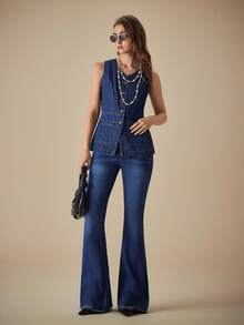 Breezaya 女性日常簡約喇叭牛仔褲 - 深色水洗藍 - 查看 10