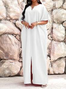 SHEIN Lady 秋冬工作绿色缺口蝙蝠袖长袍连衣裙加大码连衣裙度假装女士沙滩装女士海滩度假沙滩裙婚礼宾客礼服女士商务休闲女士舞会礼服 - 白色 - 查看 4