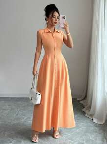 Elenzga 新款女式无袖领口连衣裙，手工腰部褶饰，休闲度假/通勤装，百搭修身优雅开襟连衣裙 - 橘色 - 查看 7