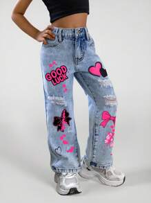 Young Girls Loose Fit Distressed Blue Denim Pants,Heart & Bow Print Summer Back-To-School Cute Graphic Distressed Jeans,Y2K Vintage Washed Ripped - Light Wash - View 6