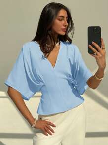 Aloruh 优雅纯色套头短袖休闲衬衫，背部蝴蝶结，简约设计，适合办公室/通勤穿着 - 淺藍色 - 查看 7