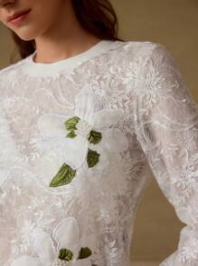 MOTF PREMIUM LACE FAUX PEARL EMBROIDERY FLORAL PATTERN SHEER TOP - White - View 1