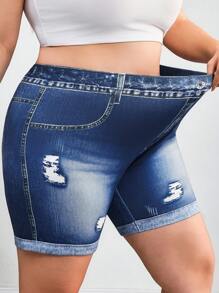 SHEIN CURVE+ 大码女式松紧腰休闲紧身裤，舒适弹力牛仔印花面料，夏季/乡村/海滩度假装/沙滩装/沙滩装 - 藍色 - 查看 8