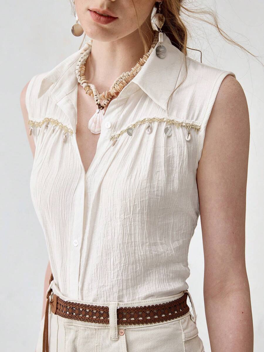 Florisole 波西米亚风无袖翻领宽松休闲办公室衬衫