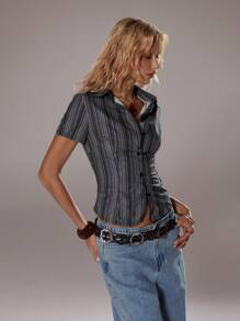 TRNVIE Pink Striped Waist-Cinched Elegant Women's Short Sleeve Blouse - Black - View 4
