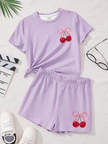SHEIN Leap Crew 青少年女孩休闲简约短袖短裤两件套，适合夏季 - 淡紫色 - 查看 3