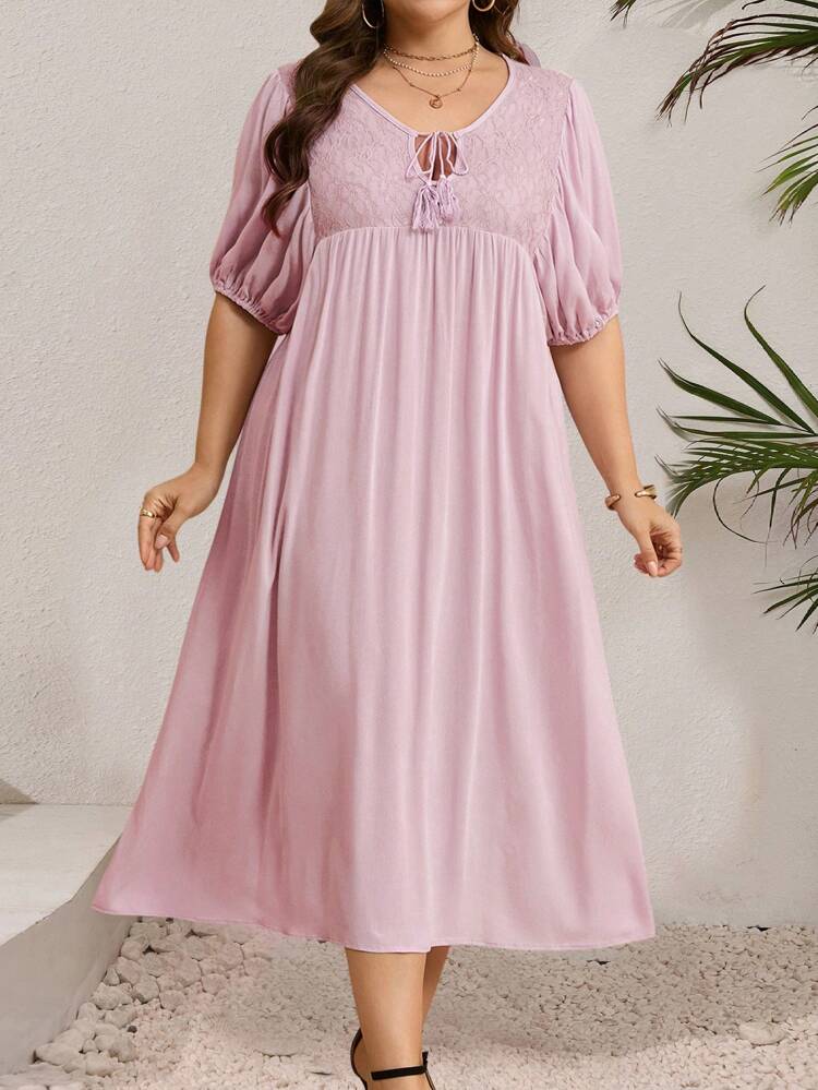 Vestido evasé elegante con mangas abullonadas, lazo frontal y encaje para mujer de talla grande