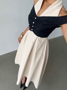 Siren Gaze Women's Contrast Color Splice Halter Neck A-Line Dress Midi Dress Off The Shoulder Dress Halter Dress Casual Dress French Dress Office Outfits For Women Teacher Outfits For Women