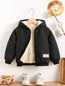 SHEIN Kurtka chłopięca z kapturem i pikowanym napisem, pluszowa podszewka, zamek błyskawiczny, kurtka chłopięca, jesień/zima