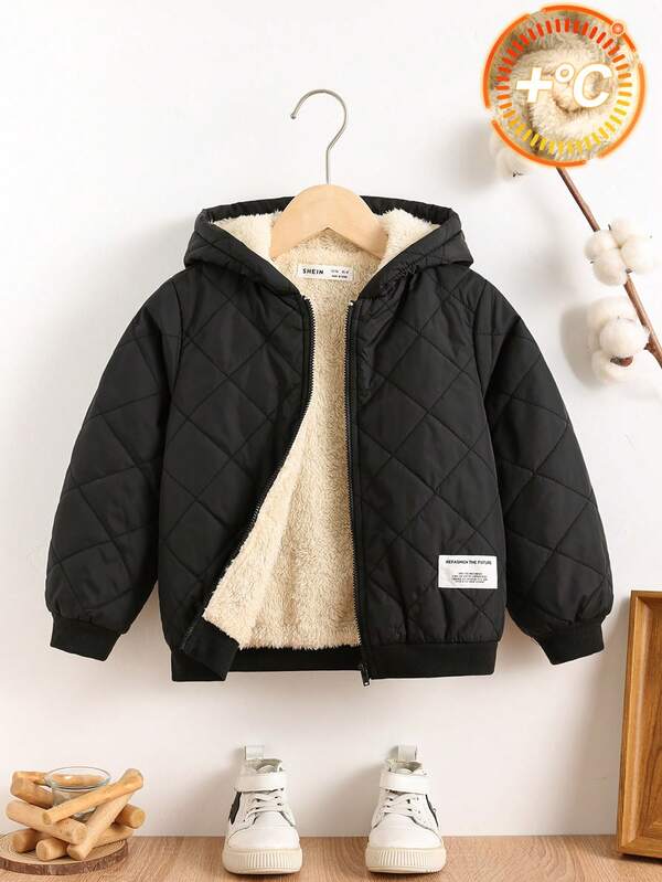 SHEIN Kurtka chłopięca z kapturem i pikowanym napisem, pluszowa podszewka, zamek błyskawiczny, kurtka chłopięca, jesień/zima