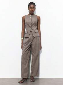 Maija 2025 Autumn/Winter New Striped Exposed Shoulder Spaghetti Strap Front Open Single-Breasted Women's Suit Jacket & Top, Modern Elegant Urban Romantic Refined Minimalist Y2K Country Music Festival Vintage Korean Airport Travel Street Style Wedding Guest Birthday Party Business Casual Office Date Party Outgoing Airport Back To School Fall/Winter Women's