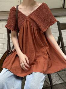 FRIFUL Shirred Drawstring Tie-Front Pleated Mid-Length Casual Versatile Button-Down Blouse For Women, Beach Vacation