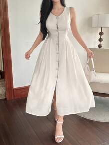 DAZY French Elegant Sleeveless Midi Dress, Retro & Chic Style, White, Summer,Back To School Clothes - Beige - View 4