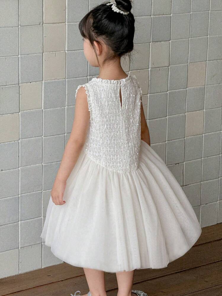 Young Girls Korean Style Sequin Bow Sleeveless Mesh Mid-Length Dress,Girls Summer Outfits