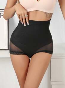 SHEIN Culotte taille haute sans couture avec inserts en tulle pour un maintien et un contrôle du ventre simples et efficaces - Noir - Voir 3