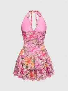 ROMWE Vestido feminino vintage com estampa de totem hippie e bainha em camadas, estilo halter, para shows/raves/festivais de primavera - Rosa - Ver 2