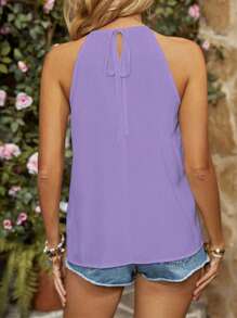 Chiquease Women's Solid Color Pleated Casual Halter Shirt, Purple Top - Purple - View 2