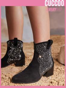 Styleloop 女鞋時尚圓頭鉚釘裝飾多功能西式黑色靴子 - 黑色 - 查看 1