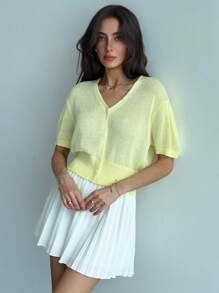 Aloruh Women's Plain Simple Daily Short Sleeve Knit Yellow Cardigan Top - Yellow - View 7