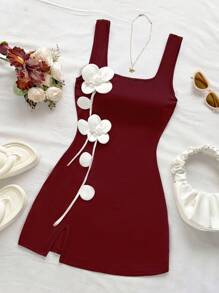 Soleia Vestido mini ajustado de mujer con cintura ceñida y estampado floral para vacaciones, sin mangas, ajuste estilizador, con abertura lateral, adecuado para fiesta, calle, vacaciones, festival de música, crucero, té de la tarde, verano