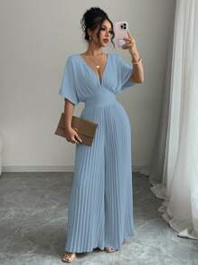 Elenzga Combinaison élégante pour femme, couleur unie, col en V profond, manches chauve-souris plissées