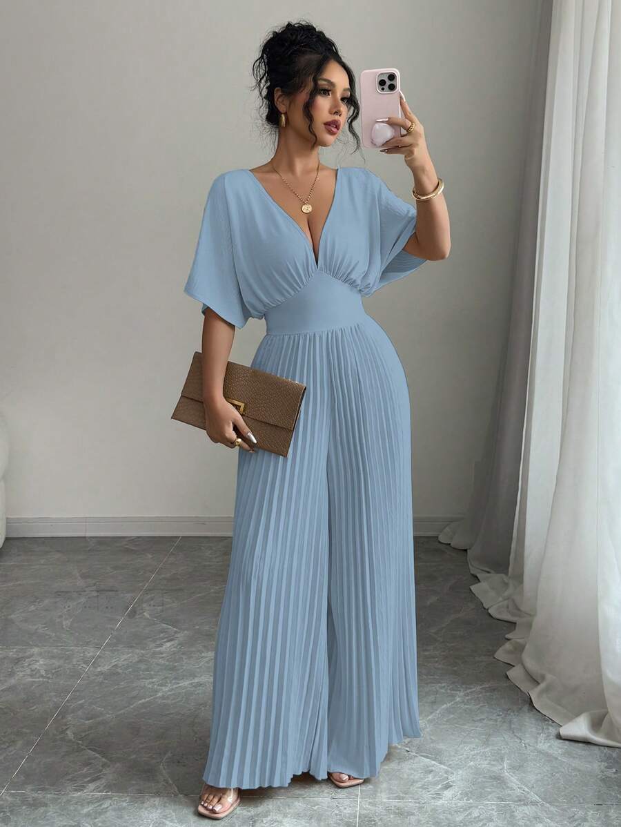 Elenzga Combinaison élégante pour femme, couleur unie, col en V profond, manches chauve-souris plissées