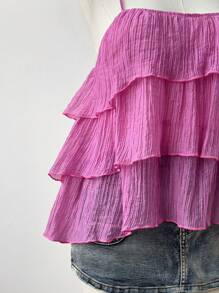 Sweetra Plus Size Casual Daily Solid Color Pleated Ruffle Hem Camisole Top For Women - Pink - View 4