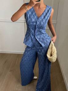 Livesso 女式无袖 V 领高腰背心上衣和宽松休闲长裤两件套，纹理牛仔材质，夏季