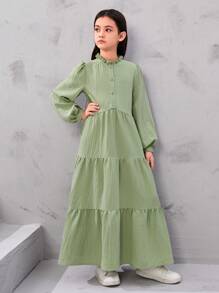 SHEIN Tween Girl Lotus Leaf Collar Texture A-Line Long Dress With Long Sleeves